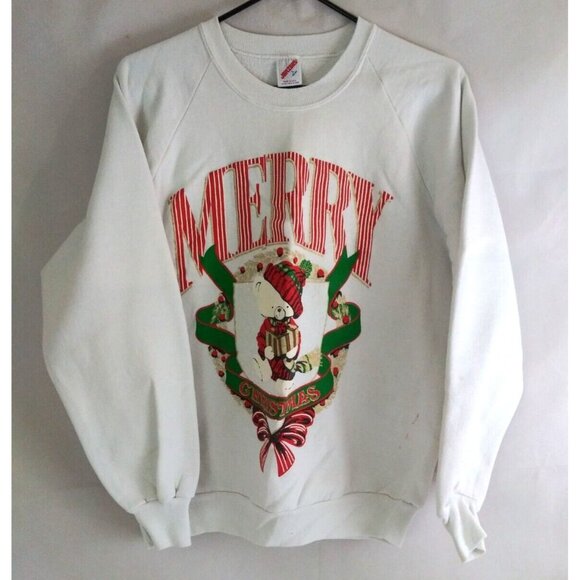Jerzees Tops - Vintage Jerzees Women's White Sweatshirt Merry Christmas Teddy Bear Design Large